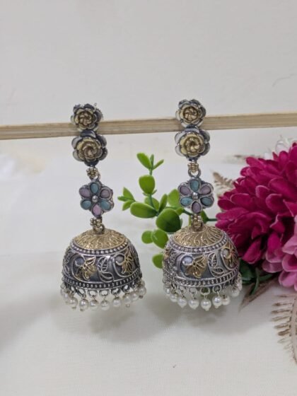 DUAI TONE JHUMKA STONE EARRING-LIGHT BLUE,PINK