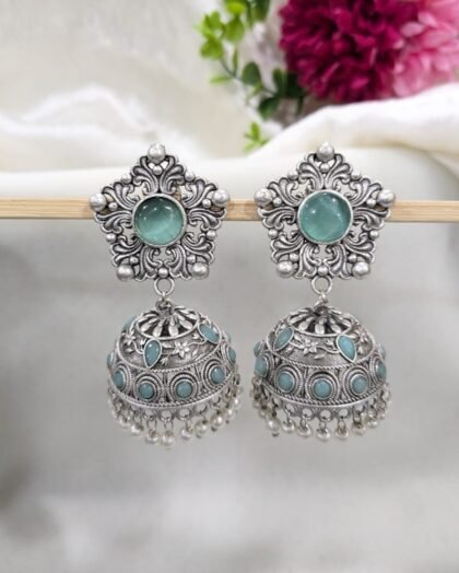 SILVER JHUMKA STONE EARRING- TEAL