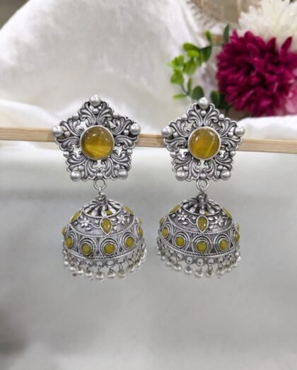 SILVER JHUMKA STONE EARRING- YELLOW