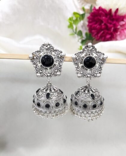 SILVER JHUMKA STONE EARRING- BLACK