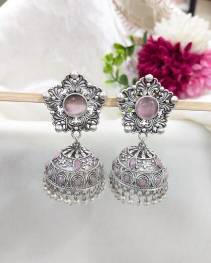 SILVER JHUMKA STONE EARRING- PINK
