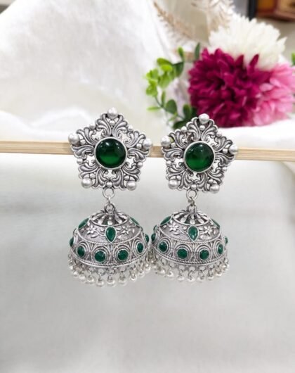 SILVER JHUMKA STONE EARRING- GREEN