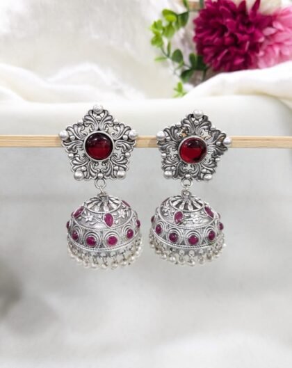 SILVER JHUMKA STONE EARRING- RED