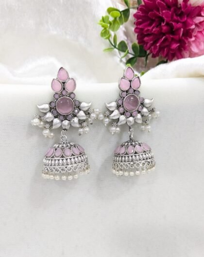 SILVER JHUMKA STONE EARRING-PINK
