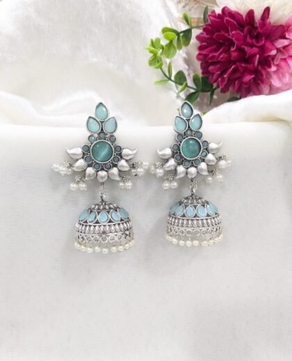 SILVER JHUMKA STONE EARRING-TEAL