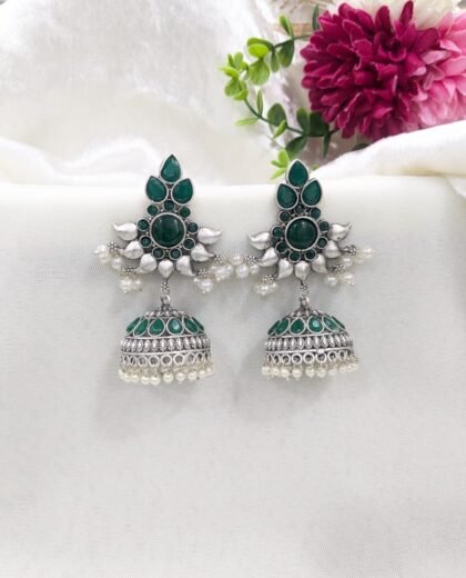 SILVER JHUMKA STONE EARRING-GREEN