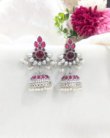 SILVER JHUMKA STONE EARRING-RED