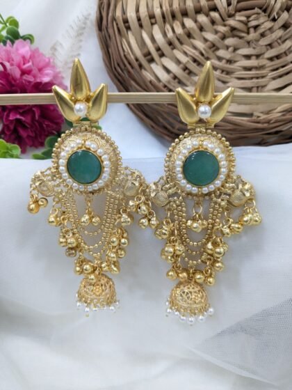 GOLDEN KASHMIRI EARRING JHUMKA STONE-MINT