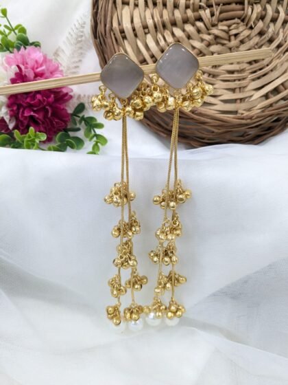 KASHMIRI LONG EARRING WITH STONE -WHITE