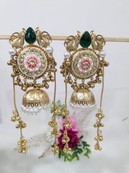 GOLDEN KASHMIRI EARRING JHUMKA STONE - GREEN
