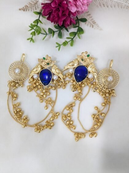 KASHMIRI EAR CHAIN EARRING GHUNGROO STONE-BLUE