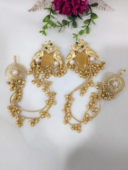 KASHMIRI EAR CHAIN EARRING GHUNGROO STONE-YELLOW