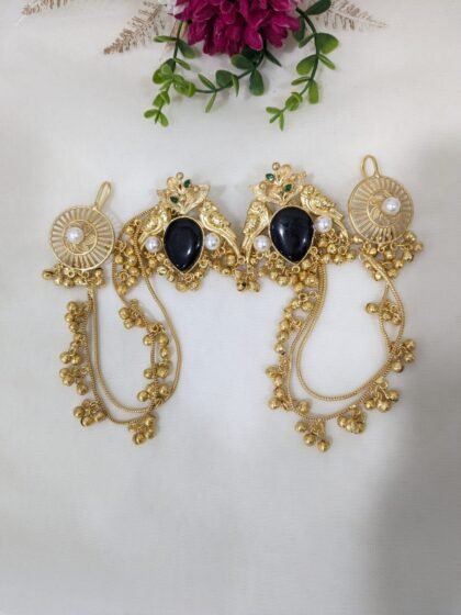 KASHMIRI EAR CHAIN EARRING GHUNGROO STONE-BLACK