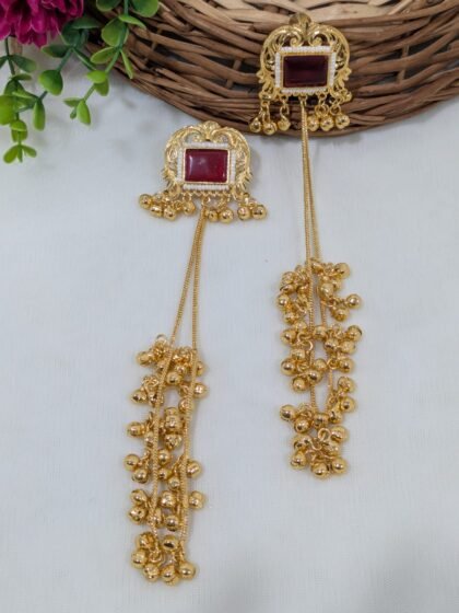 KASHMIRI LONG EARRING WITH STONE RED