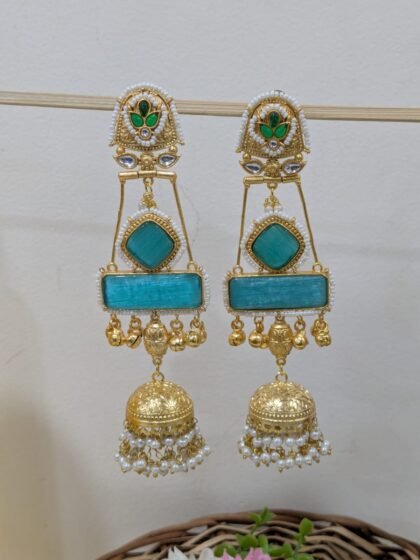 GOLDEN KASHMIRI EARRING JHUMKA STONE - MINT GREEN