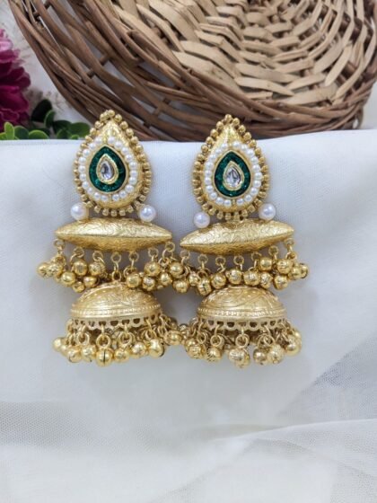 KASHMIRI  JHUMKA EARRING WITH STONE- GREEN