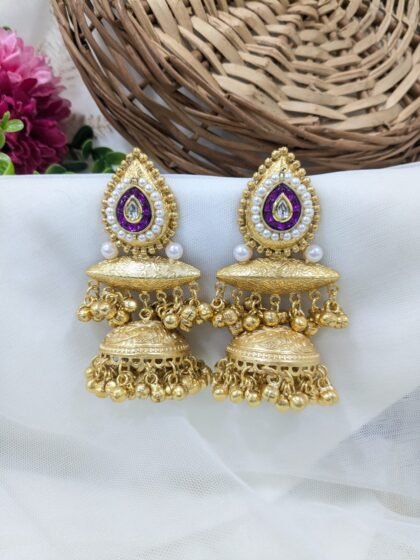 KASHMIRI  JHUMKA EARRING WITH STONE- PURPLE