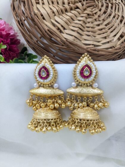 KASHMIRI  JHUMKA EARRING WITH STONE- RED