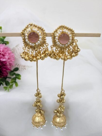 GOLDEN KASHMIRI EARRING JHUMKA STONE -PINK