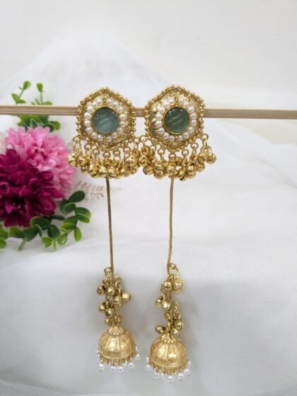 GOLDEN KASHMIRI EARRING JHUMKA STONE -TEAL