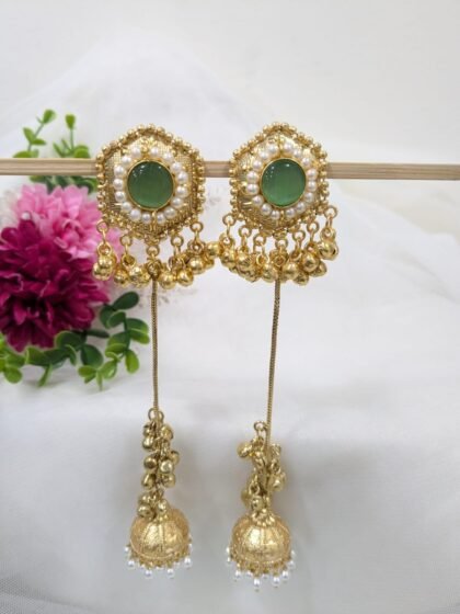 GOLDEN KASHMIRI EARRING JHUMKA STONE -MINT