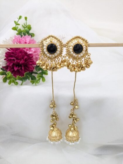 GOLDEN KASHMIRI EARRING JHUMKA STONE -BLUE