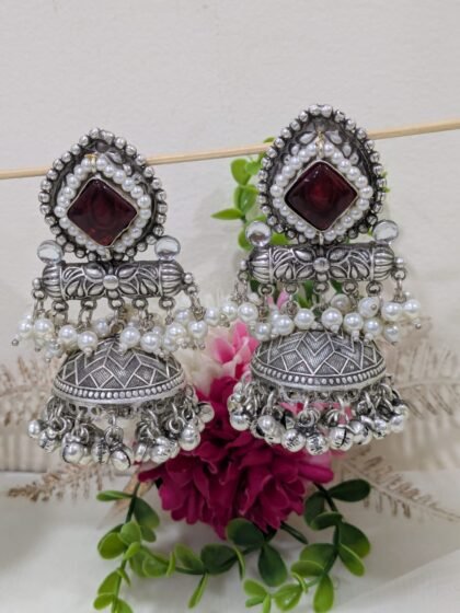 SILVER  JHUMKA EARRING WITH STONE- BLACK