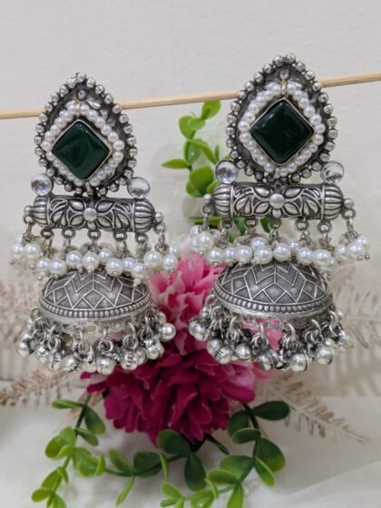 SILVER  JHUMKA EARRING WITH STONE- GREEN