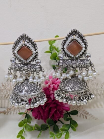 SILVER  JHUMKA EARRING WITH STONE- ORANGE