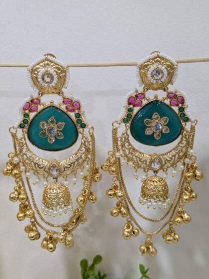 KASHMIRI  EARRING GHUNGROO PATTERN STONE -TEAL GREEN