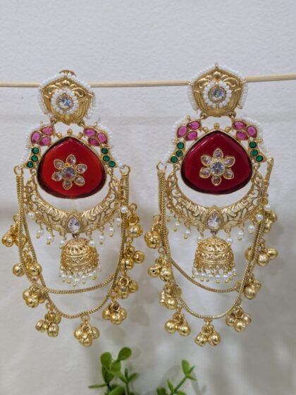 KASHMIRI  EARRING GHUNGROO PATTERN STONE -RED