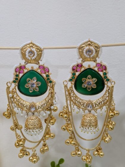 KASHMIRI  EARRING GHUNGROO PATTERN STONE -GREEN
