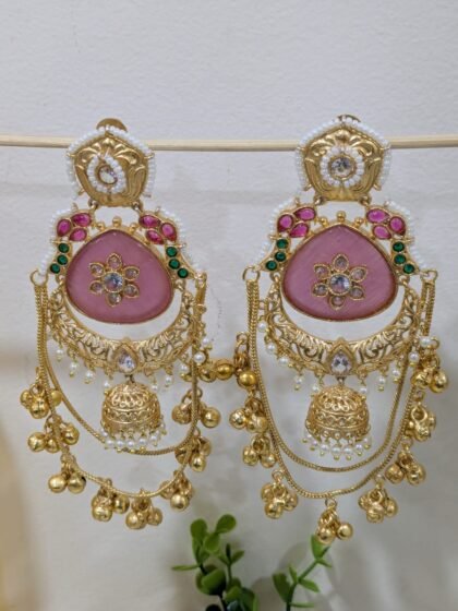 KASHMIRI  EARRING GHUNGROO PATTERN STONE -PINK