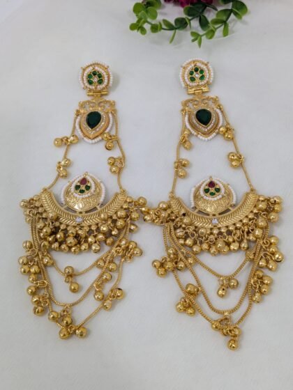 KASHMIRI LONG EARRING GHUNGROO PATTERN STONE -RED