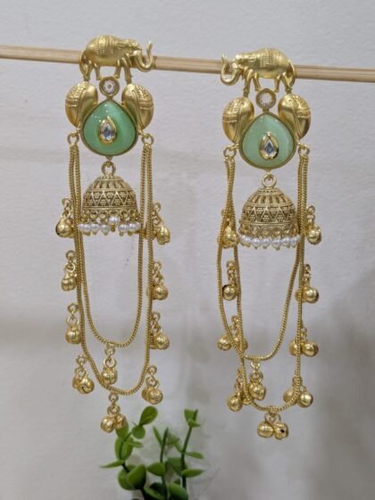 GOLDEN KASHMIRI EARRING ELEPHAANT PATTERN WITH STONE MINT