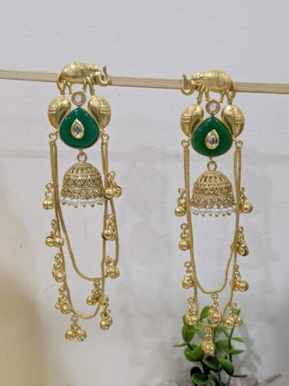 GOLDEN KLASHMIRI EARRING ELEPHAANT PATTERN WITH STONE DARK GREEN
