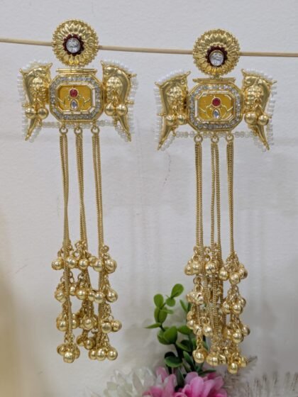 KASHMIRI LONG EARRING WITH STONE -YELLOW