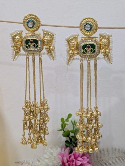KASHMIRI LONG EARRING WITH STONE -GREEN