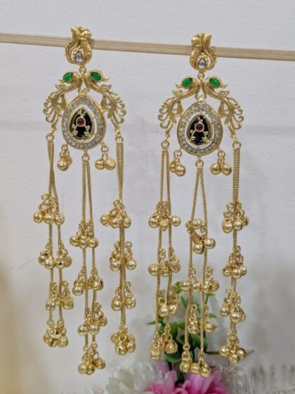 KASHMIRI LONG EARRING WITH STONE -BLACK