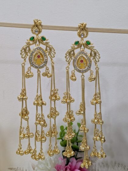 KASHMIRI LONG EARRING WITH STONE -PINK