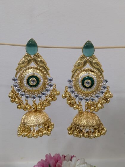 GOLDEN KASHMIRI EARRING JHUMKA PACHIKUNDAN STONE -LIGHT BLUE