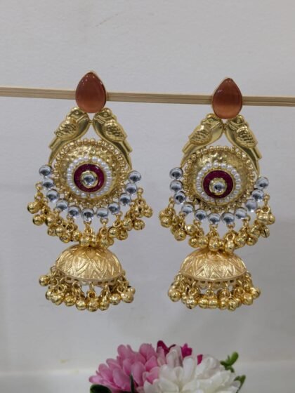GOLDEN KASHMIRI EARRING JHUMKA STONE - ORANGE