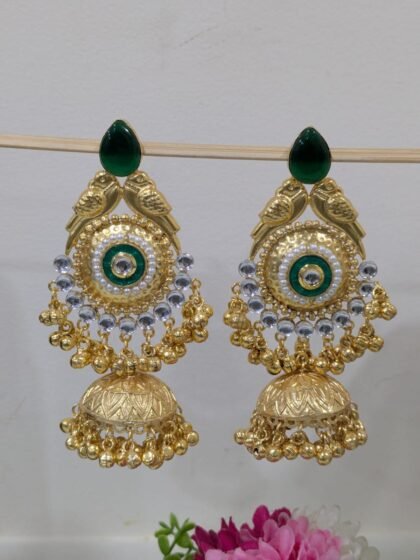 GOLDEN KASHMIRI EARRING JHUMKA STONE -  GREEN