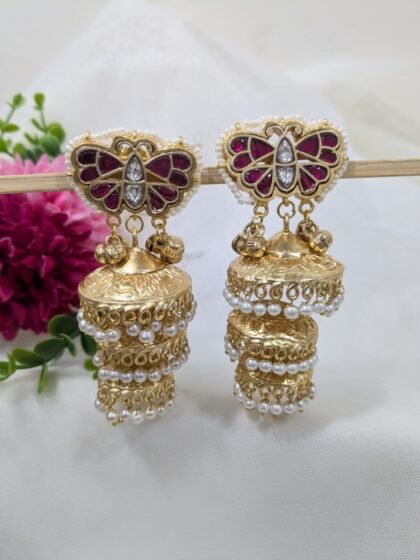 KASHMIRI EARRING JHUMKA STONE -RED