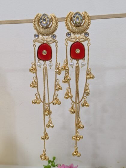 KASHMIRI LONG EARRING WITH STONE -RED
