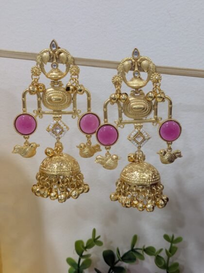 KASHMIRI  JHUMKA EARRING   STONE - RED
