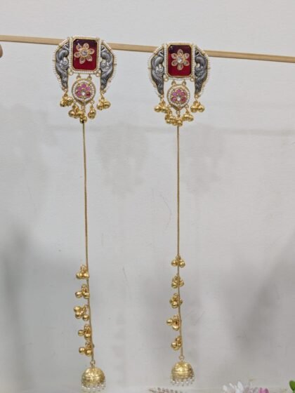 KASHMIRI  STATEMENT EARRING DUAL TONE STONE RED
