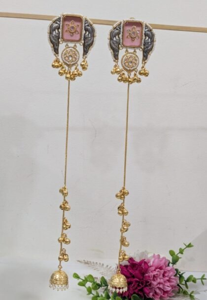 KASHMIRI  STATEMENT EARRING DUAL TONE STONE PINK