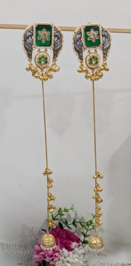 KASHMIRI  STATEMENT EARRING DUAL TONE STONE GREEN