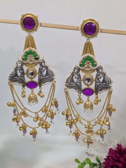 KASHMIRI  STATEMENT EARRING DUAL TONE  STONE - PURPLE